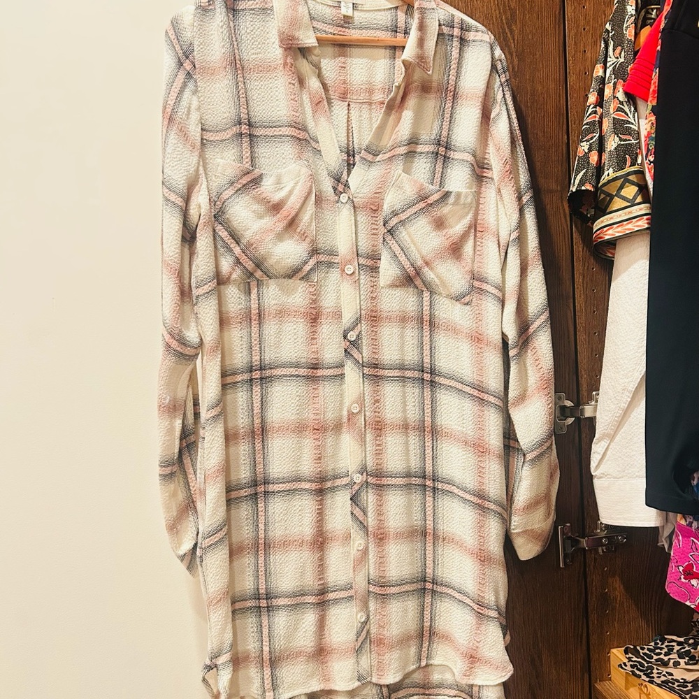 Cloth & Stone Plaid Shirt Dress in Cream, Blush, and Gray